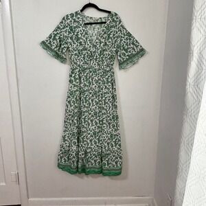 Lapogee Maxi Dress Boho Cottagecore Floral Cotton Linen Pockets Green Womens L